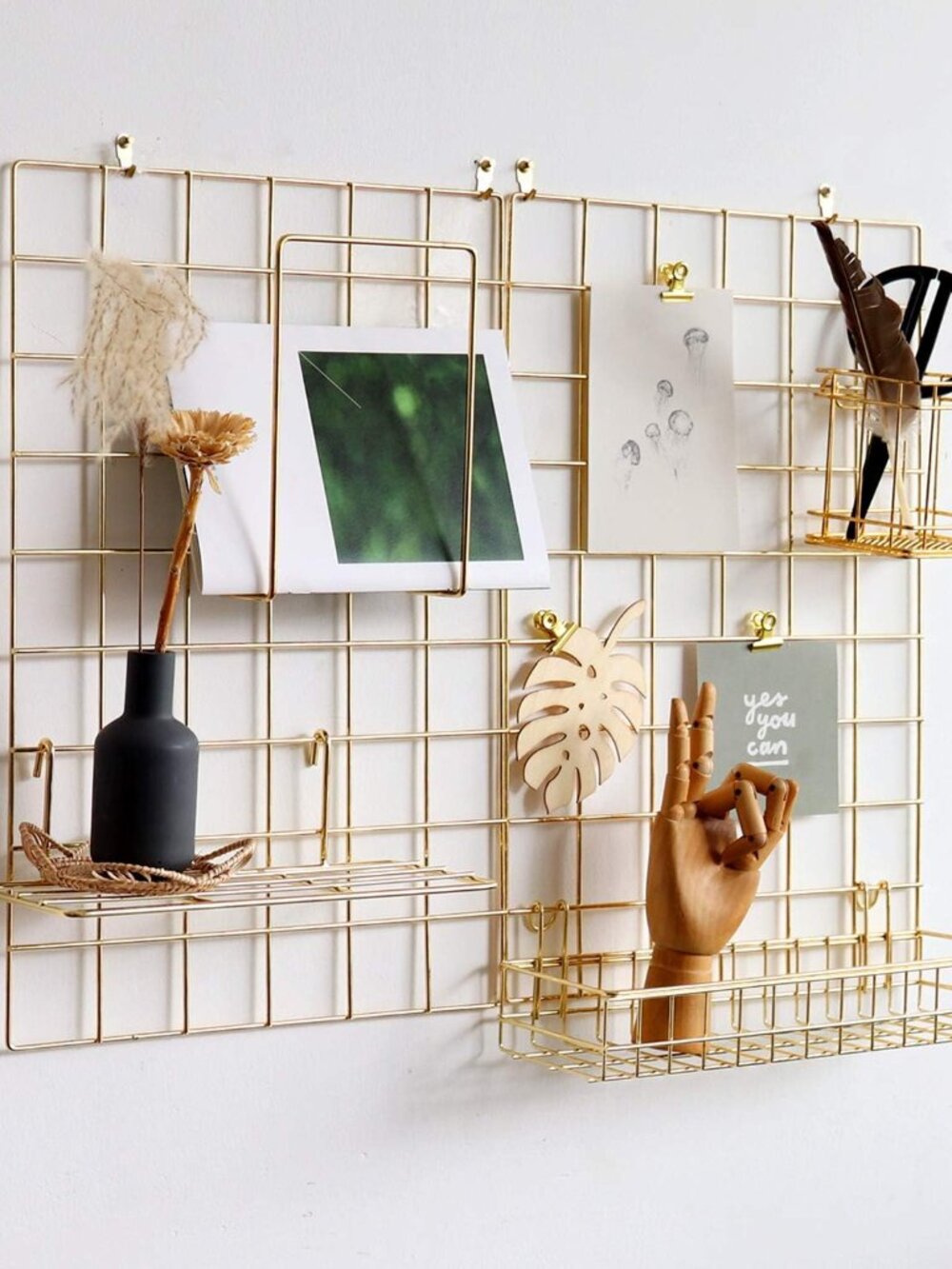 Wall Grid Panel for Photo Display,Wall Storage Organizer,5 Metal Clips & 3 S Hoo